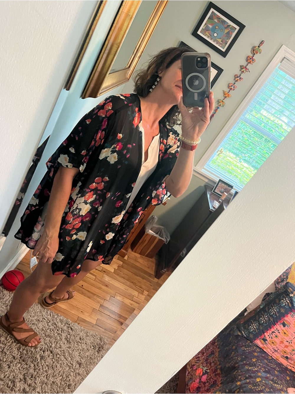 Black Floral Kimono Cover-Up with Pink and Cream flowers